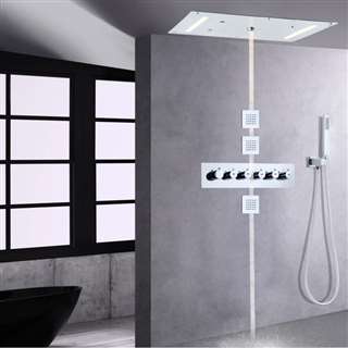 Casoria Chrome Polished Beautiful Thermostatic Recessed Ceiling Mount LED Rainfall Shower System with Handheld Shower and Jetted Body Sprays