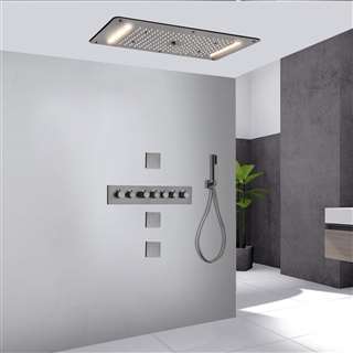 Cremona Thermostatic Brushed Nickel Recessed Ceiling Mount LED Waterfall Rainfall Shower System with Handheld Shower and Jetted Body Sprays