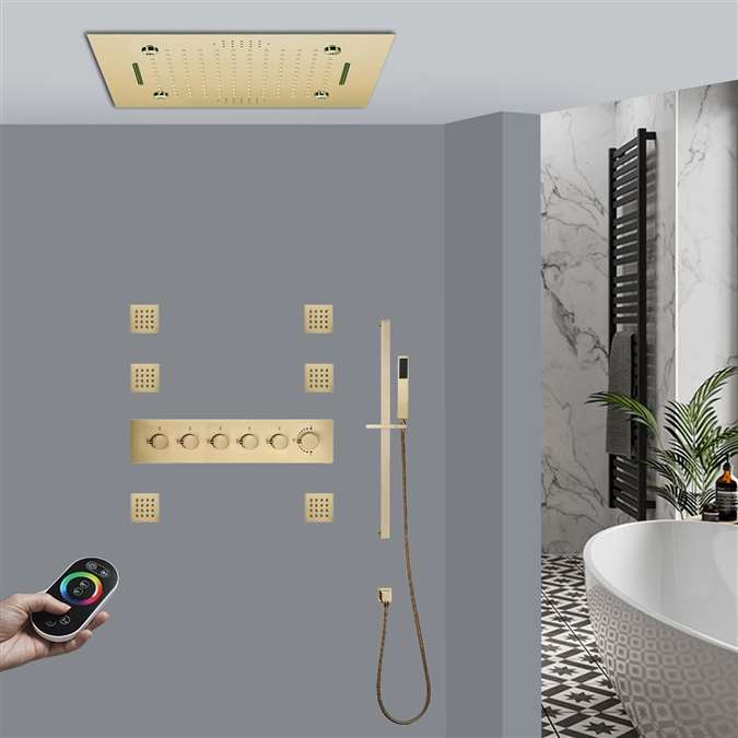 Terni Remote Controlled Brushed Gold Thermostatic Recessed Ceiling Mount LED Musical Rainfall Shower System Jetted Body Sprays with Hand Shower