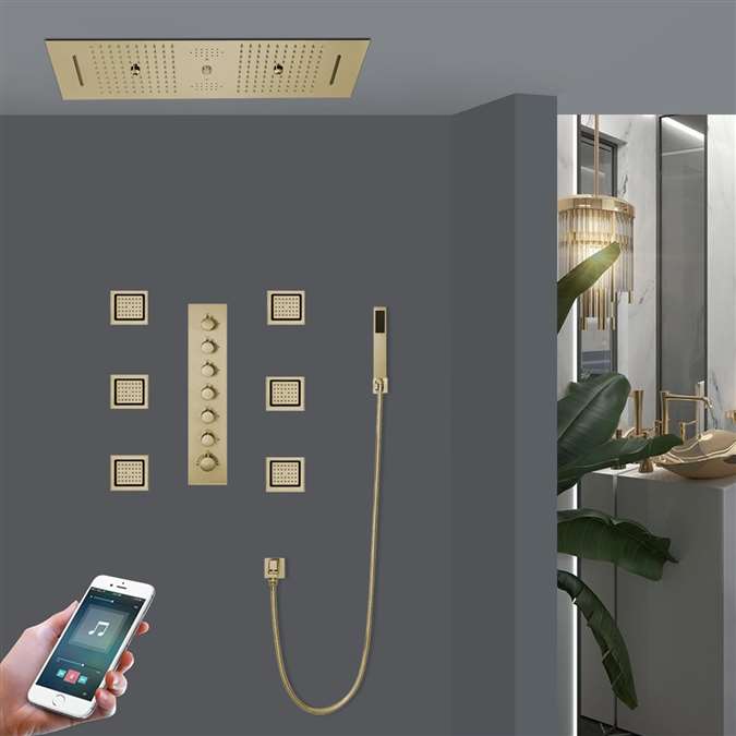 Rovigo Classy Phone Controlled Thermostatic LED Recessed Ceiling Mount Rainfall Mist Waterfall Musical Shower System with Jetted Body Sprays and Hand Shower