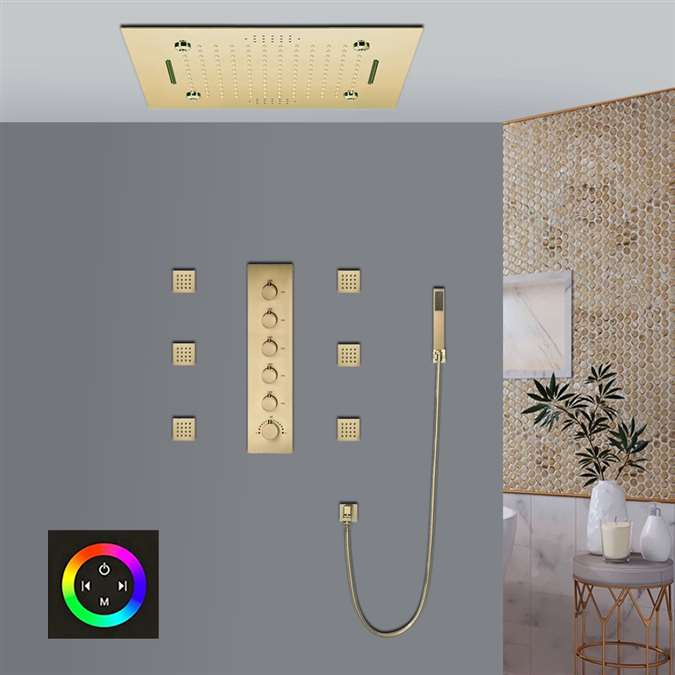 Foligno Touch Panel Controlled Thermostatic LED Recessed Ceiling Mount Rainfall Mist Waterfall Musical Shower System with Jetted Body Sprays and Hand Shower