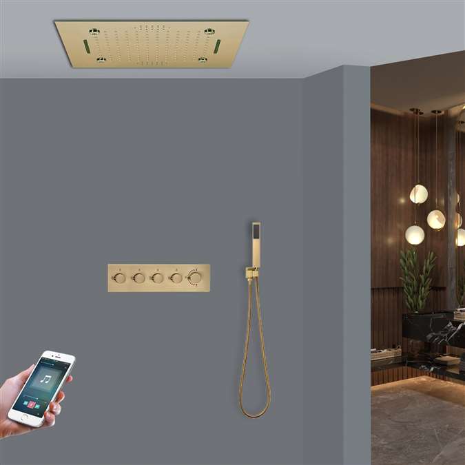 Vicenza Phone Controlled Thermostatic Brushed  Gold Recessed Ceiling Mount LED Musical Mist Waterfall Rainfall Shower System with Hand Shower