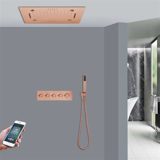 Carrara Rose Gold Thermostatic Remote Controlled Musical Recessed Ceiling Mount Mist Waterfall Rainfall Shower System with Hand Shower