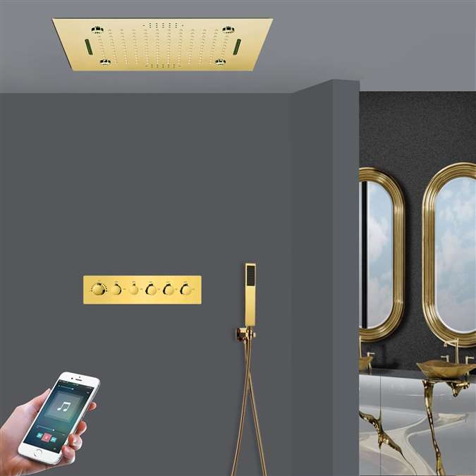 Olbia Polished Gold Thermostatic Phone Controlled LED Musical Recessed Ceiling Mount Mist Waterfall Rainfall Shower System with Hand Shower