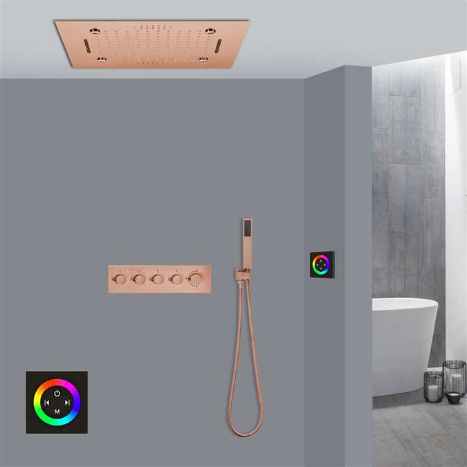 Teramo Thermostatic Rose Gold Touch Panel Controlled Musical Recessed Ceiling Mount Mist Waterfall Rainfall Shower System with Hand Shower