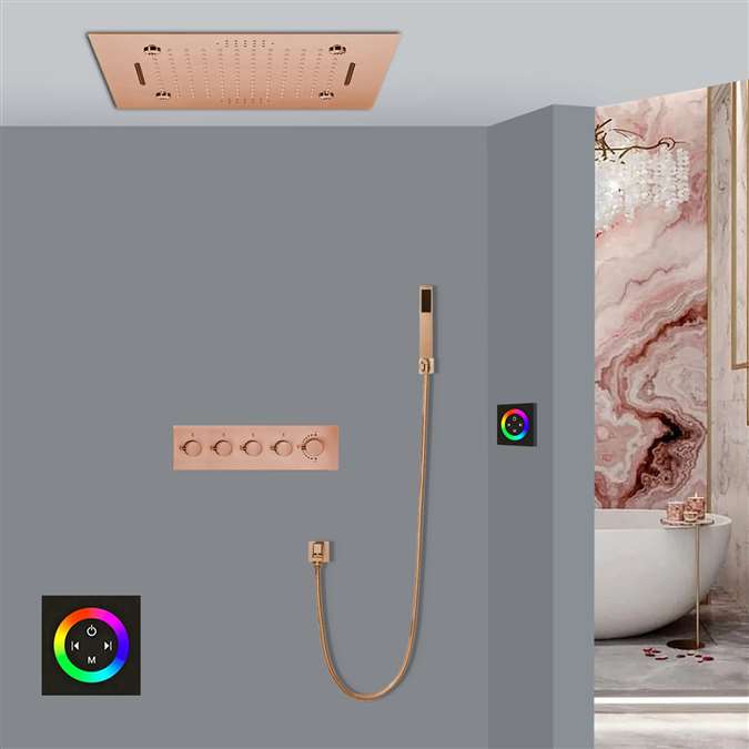 Foligno LED Touch Panel Controlled Thermostatic Rose Gold Recessed Ceiling Mount Mist Waterfall Mist Rainfall Shower System with Hand Shower