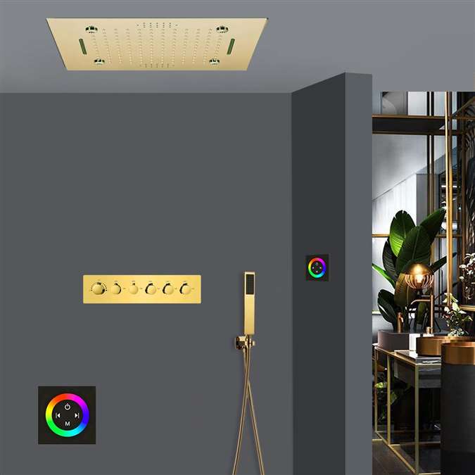 Agrigento Polished Gold Thermostatic Touch Panel Controlled LED Musical Recessed Ceiling Mount Mist Waterfall Rainfall Shower System with Hand Shower