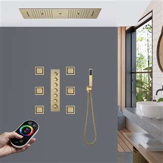 Perugia Remote Controlled Thermostatic LED Recessed Ceiling Mount Brushed Gold Rainfall Waterfall Mist Shower System with Square Hand Shower and Jetted Body Sprays