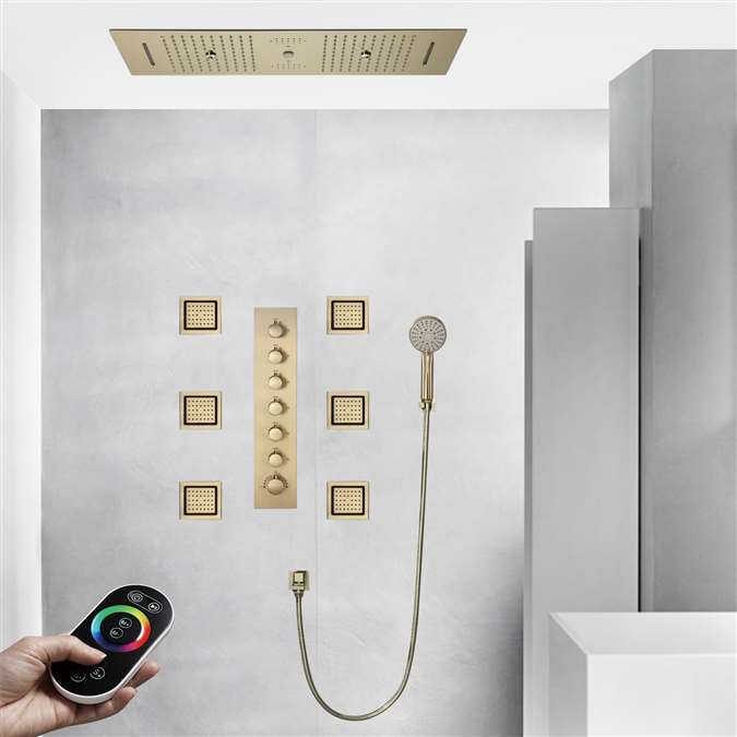 Prato Remote Controlled Thermostatic LED Recessed Ceiling Mount Brushed Gold Rainfall Waterfall Water Column Mist Shower System with Round Hand Shower and 6 Jetted Body Sprays