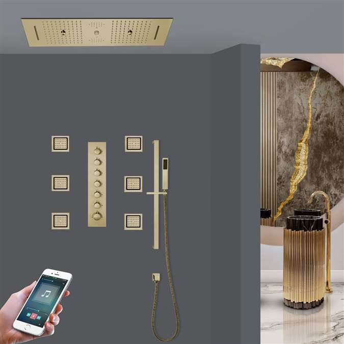 Casoria Phone Controlled Brushed Gold Thermostatic LED Recessed Ceiling Mount Rainfall Waterfall Water Column Mist Shower System with Square Hand Shower and Jetted Body Sprays