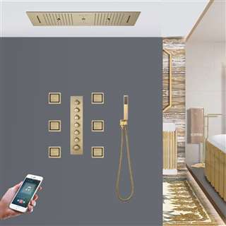 Sarno Phone Controlled Thermostatic LED Recessed Ceiling Mount Brushed Gold Rainfall Waterfall Water Column Mist Shower System with Square Hand Shower and Jetted Body Sprays