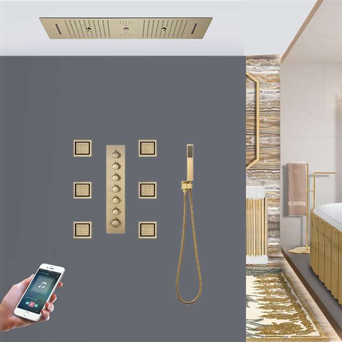 Sarno Phone Controlled Thermostatic LED Recessed Ceiling Mount Brushed Gold Rainfall Waterfall Water Column Mist Shower System with Square Hand Shower and Jetted Body Sprays