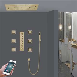 Padua Phone Controlled Brushed Gold Thermostatic LED Waterfall Rainfall Water Column Mist Shower System with Hand Shower and Jetted Body Sprays