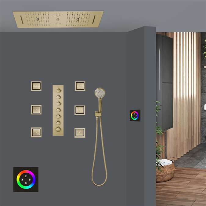 Ravenna Thermostatic Touch Panel Controlled Brushed Gold LED Recessed Ceiling Mount Waterfall Mist Water Column Rainfall Shower System with Hand Shower and Jetted Body Sprays