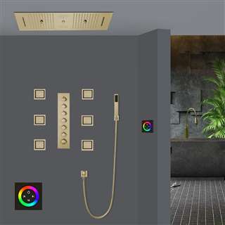 Sassari Brushed Gold Touch Panel Controlled Thermostatic LED Recessed Ceiling Mount Waterfall Rainfall Water Column Mist Shower System with Hand Shower and Jetted Body Sprays