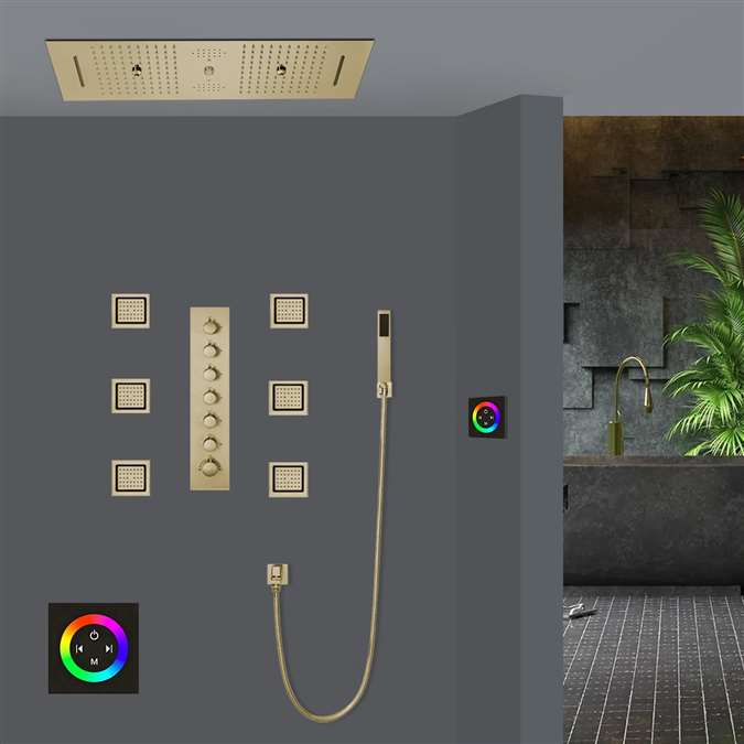 Sassari Brushed Gold Touch Panel Controlled Thermostatic LED Recessed Ceiling Mount Waterfall Rainfall Water Column Mist Shower System with Hand Shower and Jetted Body Sprays