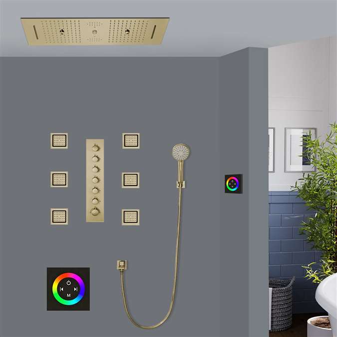 Taranto LED Touch Panel Controlled Thermostatic Recessed Ceiling Brushed Gold Mount Waterfall Rainfall Water Column Mist Shower System with Round Hand Shower and Body Jets