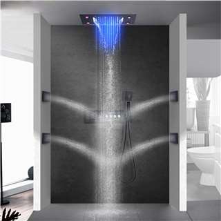 Cagliari Hospitality Matte Black Thermostatic LED Recessed Ceiling Mount Waterfall Rainfall Shower System with Body Jets and Hand Shower