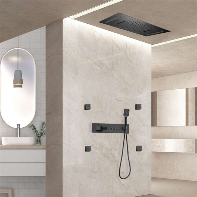 Rimini Matte Black Thermostatic Recessed Ceiling Mount 20x14 Rainfall Shower System with 4 Jetted Body Sprays and Hand Shower