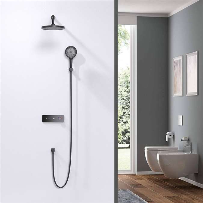 Milan Novarra Wall Mount Matte Black Round Rainfall Shower System with Hand Shower and Digital Shower Mixer