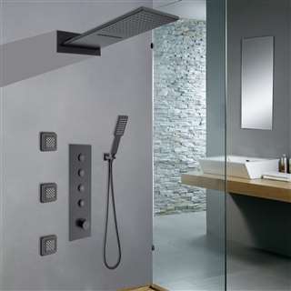 Turin Matte Black 4 Functions Wall Mount Rainfall Waterfall Shower System with Handheld Shower and 3 Jetted Body Sprays