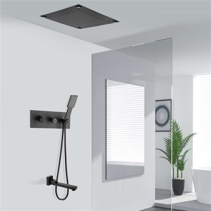 Pavia Thermostatic Recessed Ceiling Mount 16*16in LED Rainfall Shower System with Hand Shower and Tub Spout in Matte Black