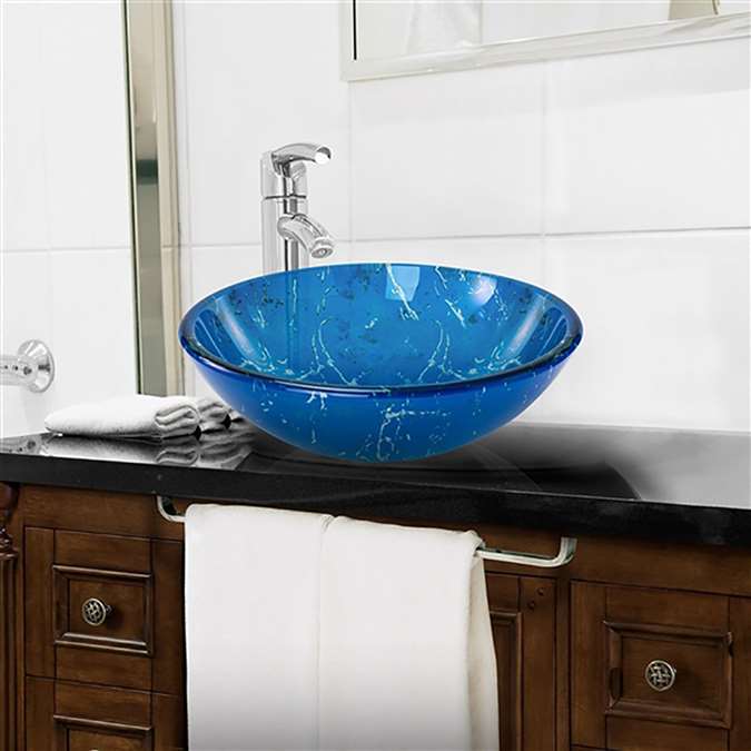 Lyon Blue Color Glass Vessel Bathroom Sink