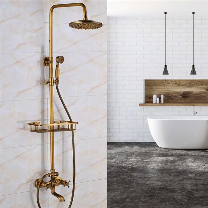 Naples Antique Brass Rainfall Shower Set with Shower Caddy