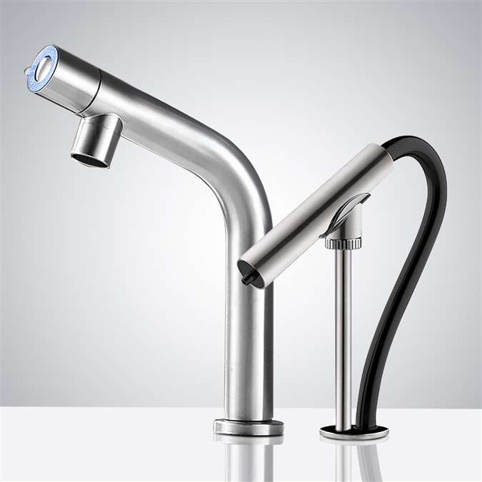 Cairo Electronic Commercial Automatic Sensor Faucet In Brushed Nickel Finish And Automatic Hand Sanitizer Soap Dispenser