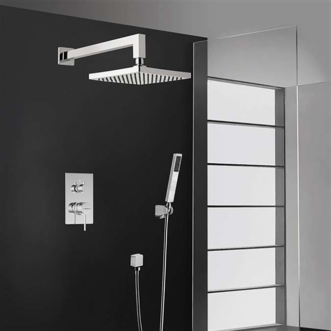 Bravat Hotel Elegant Chrome Square Wall Mount Shower Head With Hand-Held Shower & Mixer