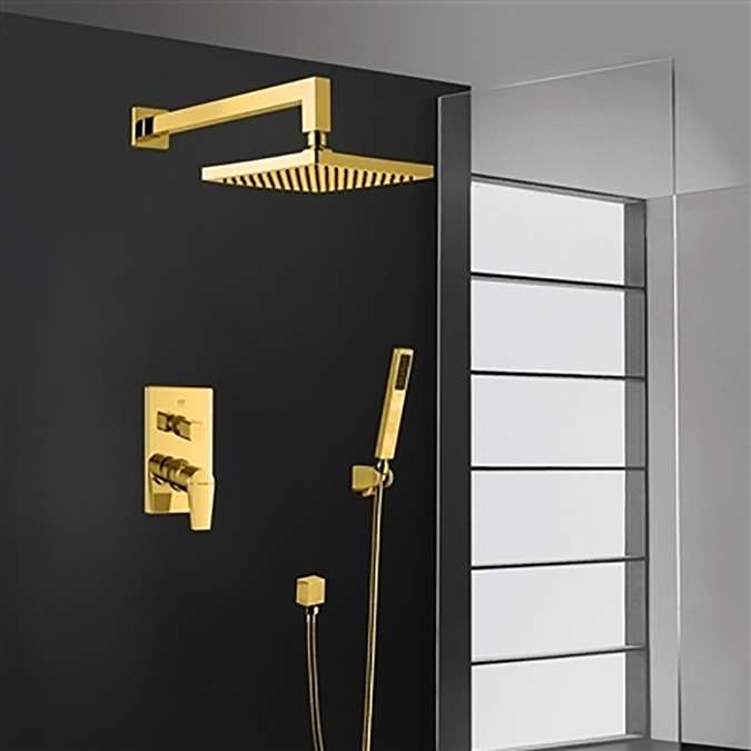 Bravat Hotel Elegant Wall Mount Gold Shower Head With Hand-Held Shower & Mixer