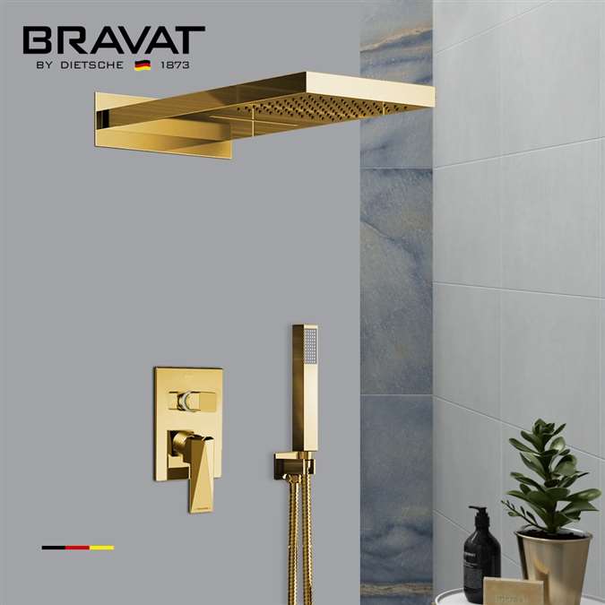 Bravat Elegant Wall Mount Gold Shower Head With Hand-Held Shower & Mixer