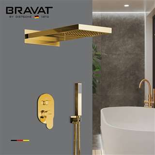 Bravat Hotel Elegant Wall Mount Gold Shower Head With Hand-Held Shower & Mixer