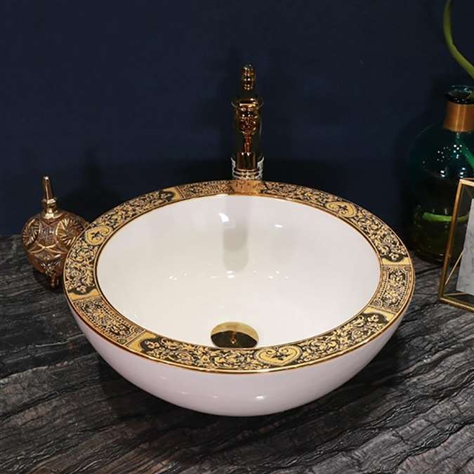 Buy Georgia Round Ceramic Lavabo With Attached Freestanding Faucet And Other Accessories In White And Gold Finish With Classic Gold Design