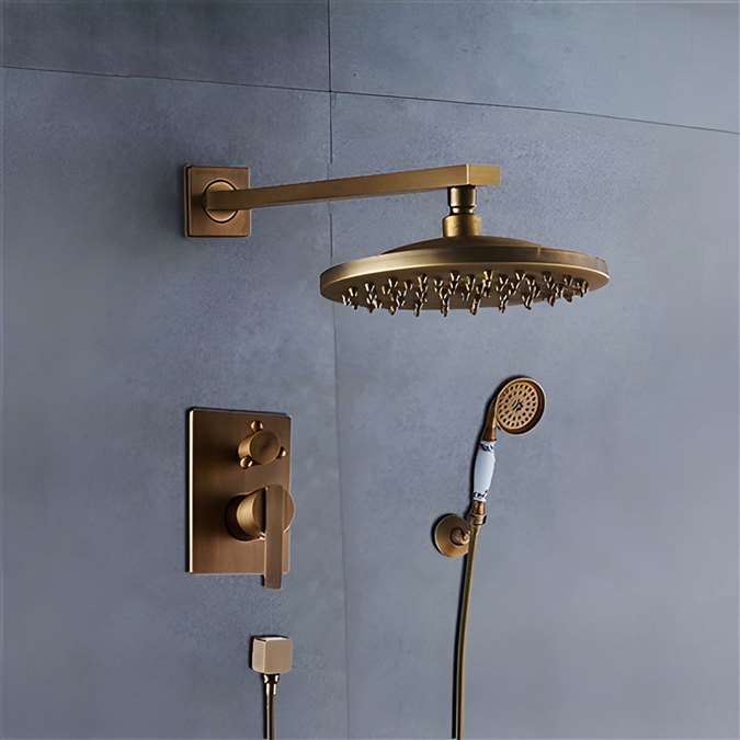 BathSelect Ancient Round Antique Brass 8” Rainfall Wall Shower Head with Hand-Held Shower