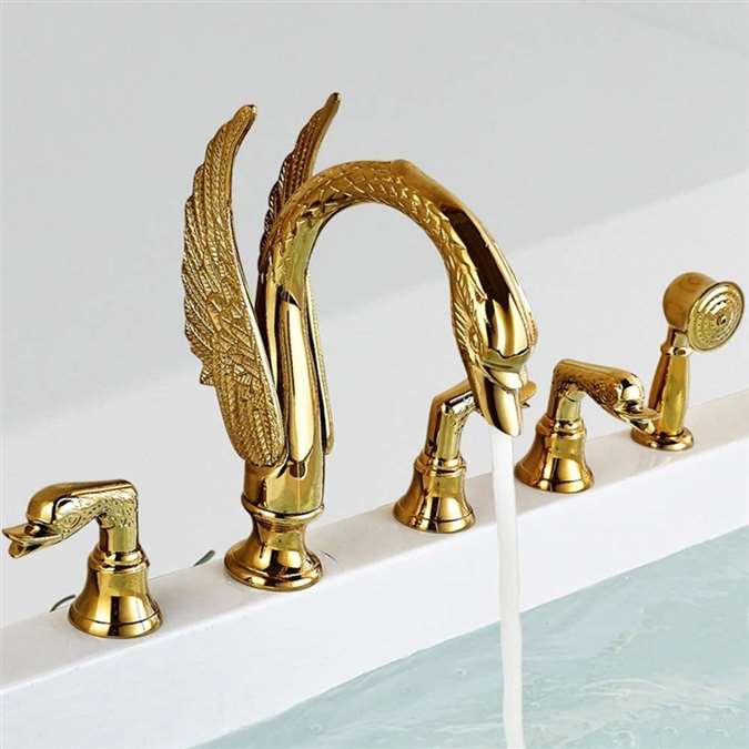 BathSelect Dragon Gold Finish Dual Handle 5 Piece Deck Mount Bathtub Faucet