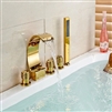 BathSelect Golden Three Handles Deck Mount Curved Faucet With Hand-Held Shower