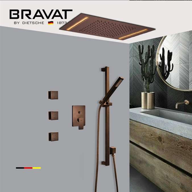 Bravat Ceiling Mount Rainfall LED Shower Head with Sliding Bar and 3 Body Jets Shower Set