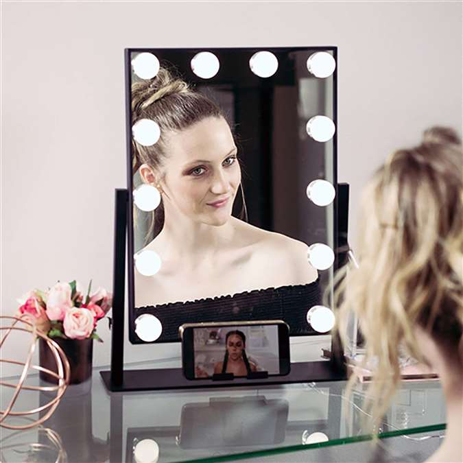 BathSelect Hottest LED Make-Up Multi Purpose Mirror With Touch Control & Phone Cradle- Black Vanity Mirror