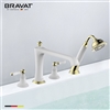 Bravat Gold White Deck Mount Bathroom Faucet With Hand Held Shower