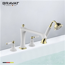 Bravat Gold White Deck Mount Bathroom Faucet With Hand Held Shower