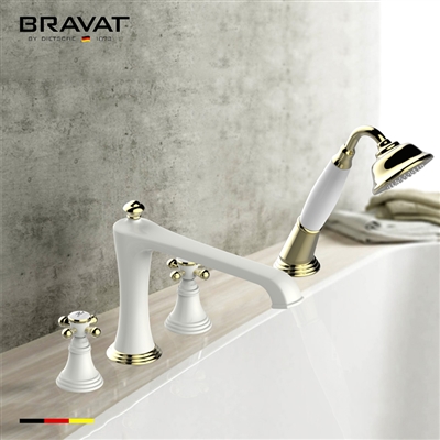 Bravat White Gold Deck Mount Bathroom Faucet With Hand Held Shower