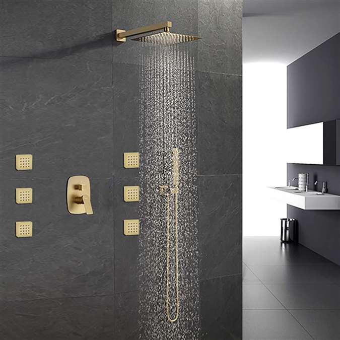 Peru Gold 10 Inch Wall Mount Rainfall Shower System Set | Gold Oil Peru