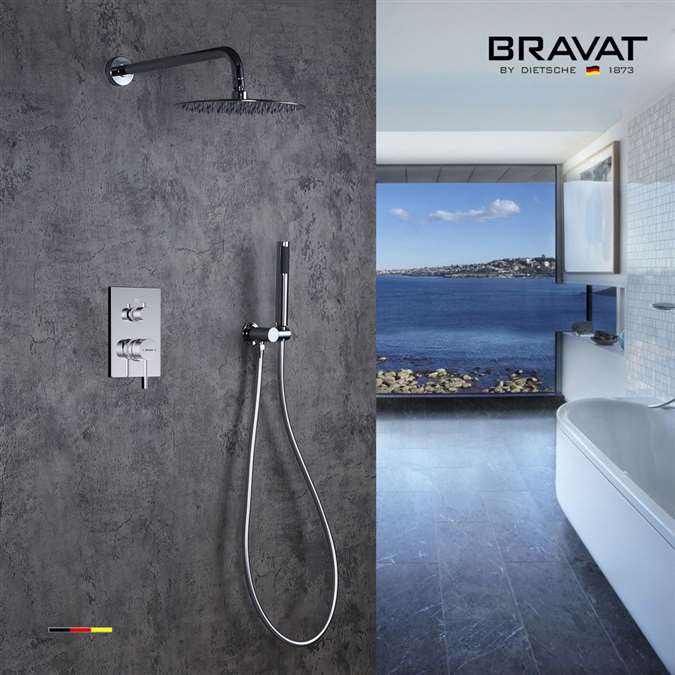 Bravat Wall Mount Thermostatic Bathroom Rainfall Shower Mixer in Brass Chrome Finish