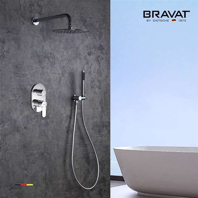 Bravat Wall Mount Round Thermostatic Rainfall Shower with Handheld Shower in Chrome Finish