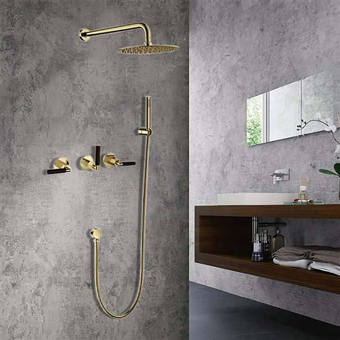 Seattle Contemporary Wall Mount Hot and Cold Bathroom Shower Set in Gold Finish