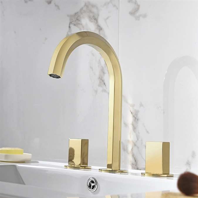 Crimea Hotel Dual Handle Deck Mount Sink Faucet In Brushed Gold Finish