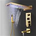 Riviera LED Rectangular Shower Head With Touch Panel Controller And Handheld Shower In Gold Finish