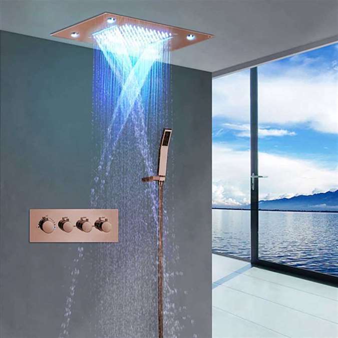 On Sale Now! Large Selection BathSelect Reno Solid Brass Multi Color LED  Rain And Waterfall Shower Head With Thermostatic Mixer Valve Shower Set In 