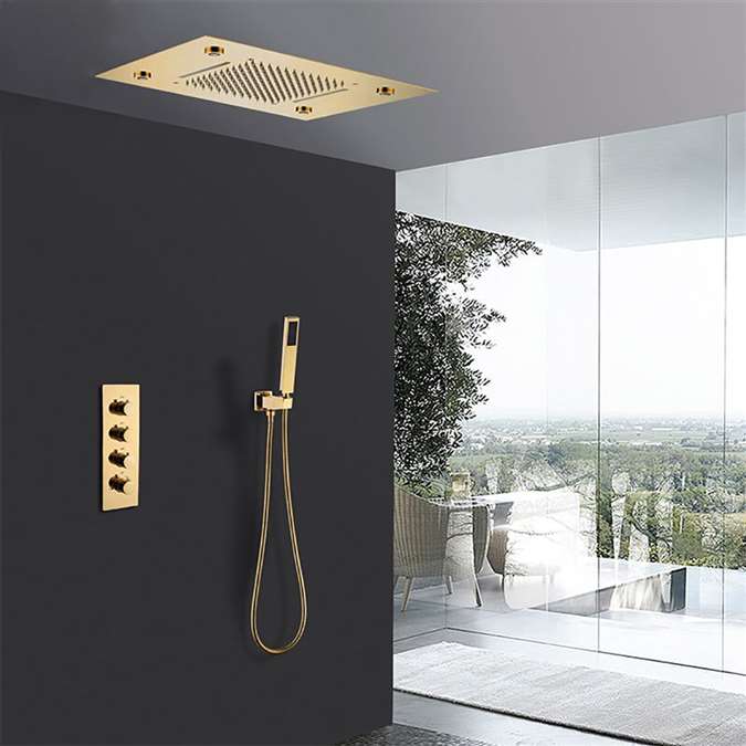 Reno Solid Brass Rain And Waterfall Shower Head With Thermostatic Mixer Valve Shower Set In Gold